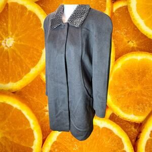 Alorna Women's Wool-Nylon Cheetah Trim Faux Fur Collared Black Coat‎